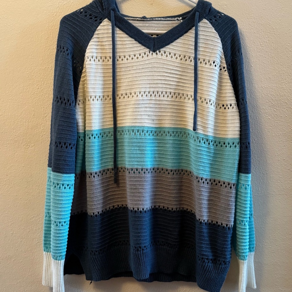 Boho Colorblock Striped Knit Hoodie Sweater - Navy, Cream & Teal - Size XXL